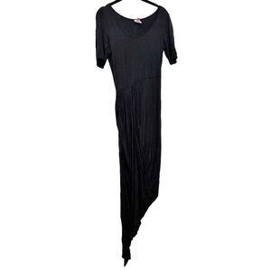 Coco Avante Short Sleeve Jersey Knit Asymmetric Hem Midi Dress Black Large